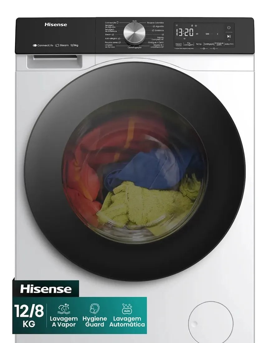 Lava e Seca Hisense 3S 12kg  8kg Wi-Fi, 4 em 1, Inverter, 16 programas, Ciclo Rápido, Economia de Água - WD3S1243