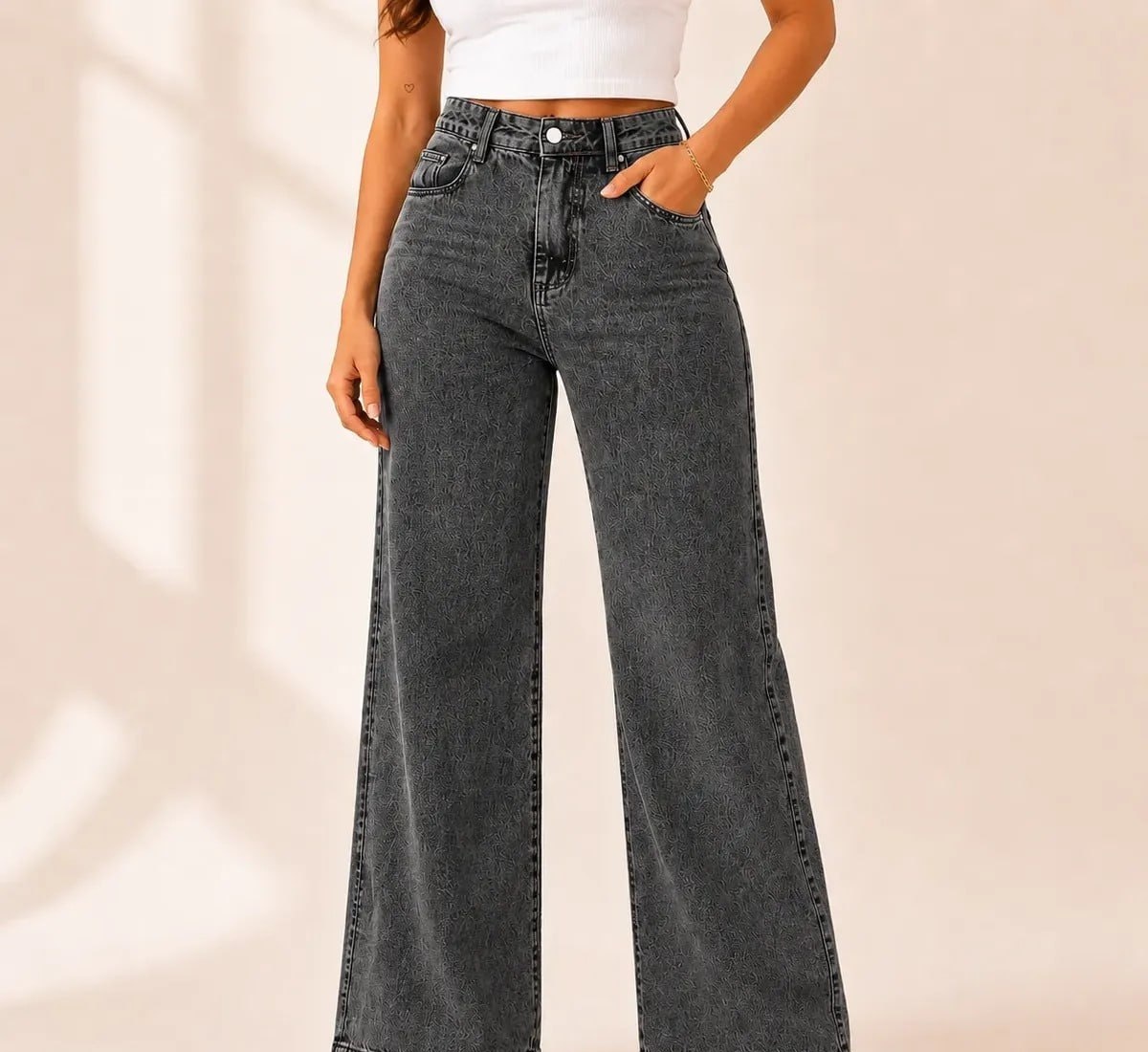 Calça Jeans Pantalona Wide Leg Feminina Cintura Alta Larga