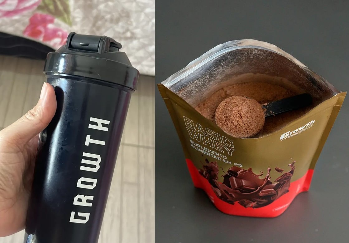 Kit Growth Whey Protein Basic Chocolate 1kg  Coqueteleira Shaker Academia Preta 600ml
