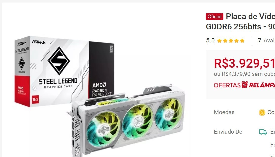 Placa de Vídeo AsRock Rx 9070 Xt Steel Legend White 16Gb