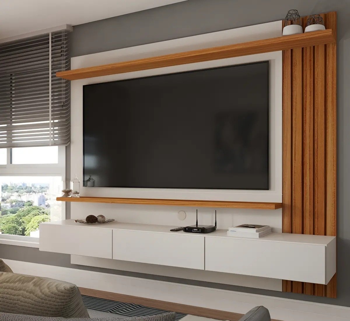 Painel Tv 70 Polegadas Christiania Ripado Cinamomooff White Cor Bege