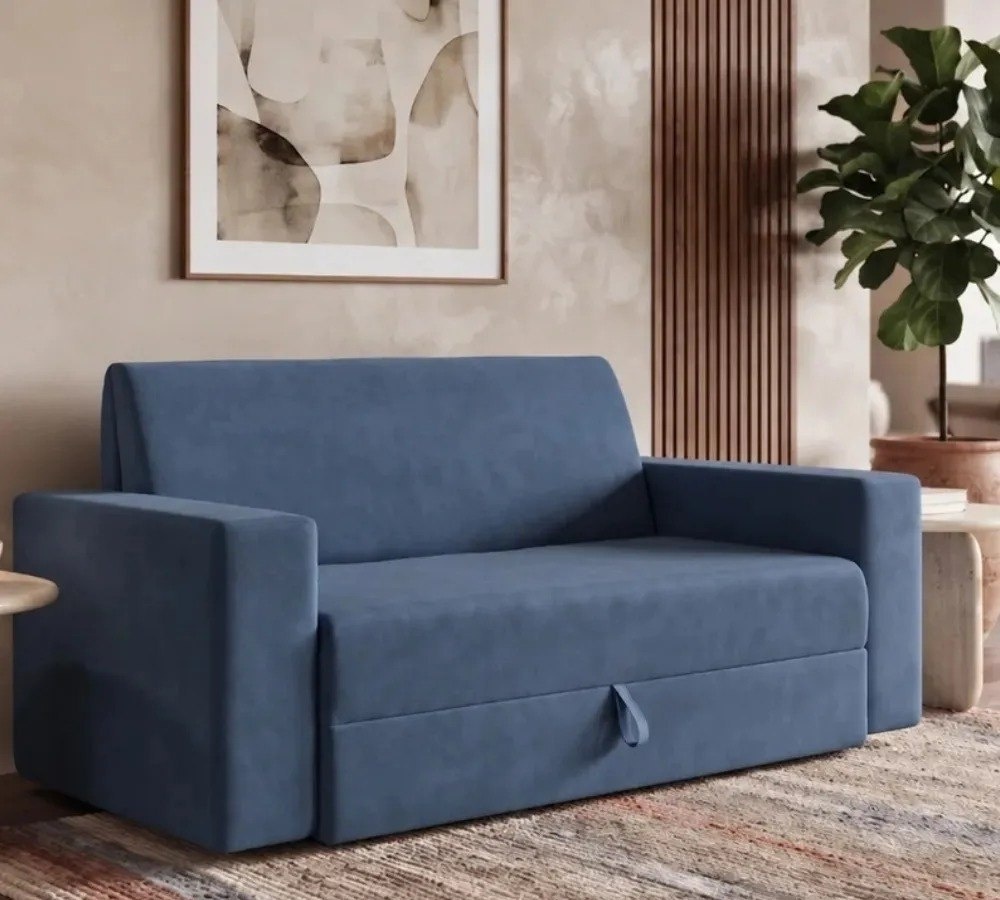 Sofá Cama 2 Lugares Pratik 5000 Mamflex Azul Suede
