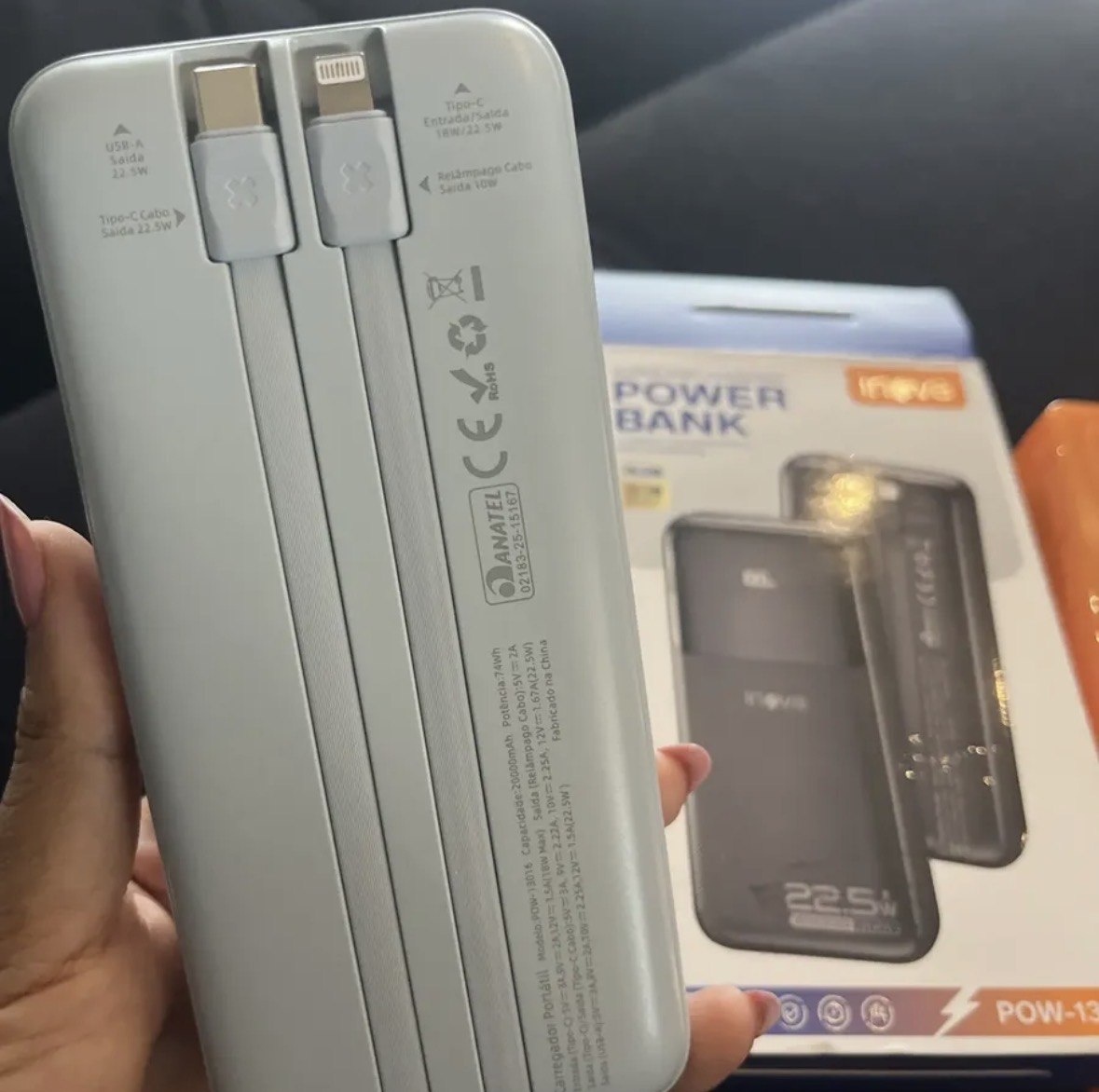 Power Bank 20000mah Portátil Rápida 22.5w Com Cabo Embutido