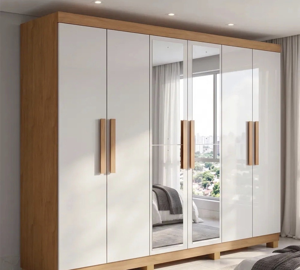 Guarda Roupa Casal 6 Portas Easy Slim Com Espelho E Pés AmêndoaOff white