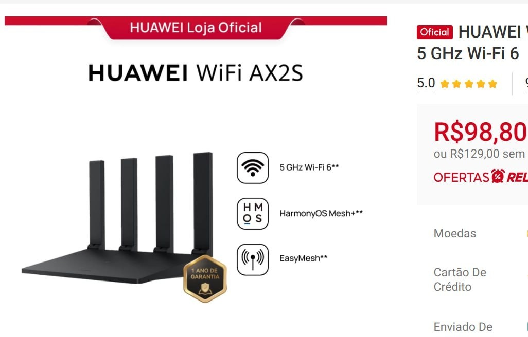 Roteador Huawei WiFi Ax2s Ws7000 V2 Dual Band 4 Antenas 5 GHz Wi-Fi 6