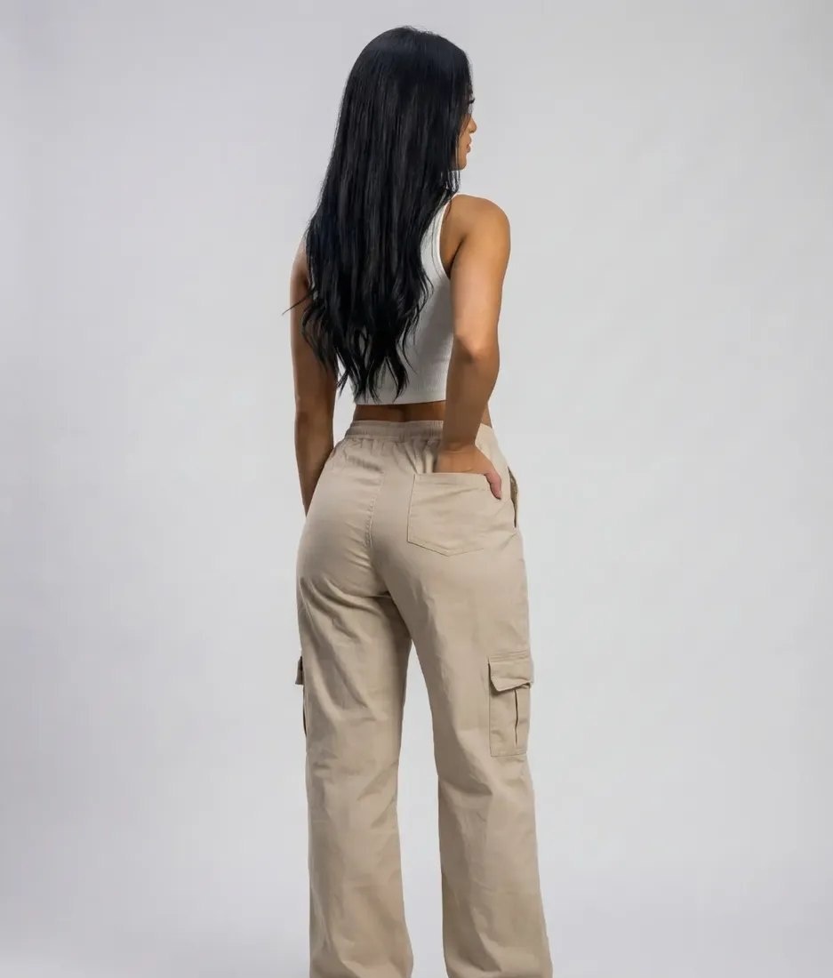 Calça Cargo Feminina Wide Leg Algodão Cintura Alta Y2k