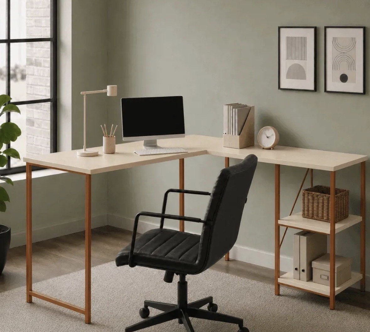 Mesa Escrivaninha Estilo Industrial Em L Com Prateleiras - Klm Store - Bronzeoff White