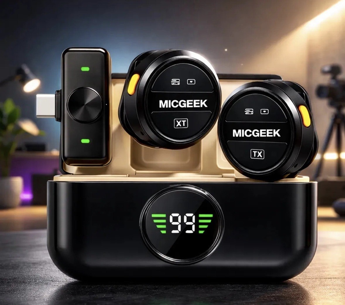 Microfone Lapela Redondo Sem Fio Tipo-C Duplo Anti Ruído P Android E iPhone 15 16 17 Com Caixinha Para Carregamento Cor Preto MICGEEK
