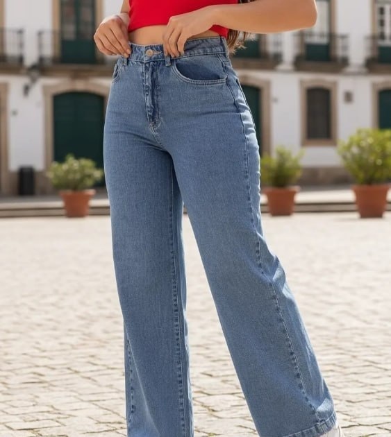 Calça Jeans Pantalona Wide Leg Cintura Alta 3 cores