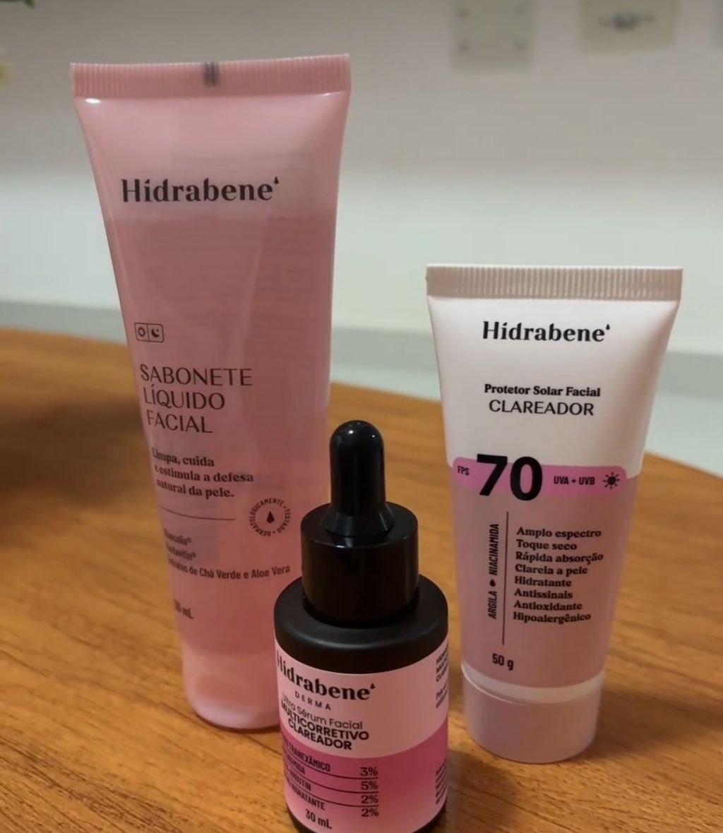 Kit Hidrabene Linha Clareadora Sabonete  Sérum  Protetor Solar FPS 70 3 itens