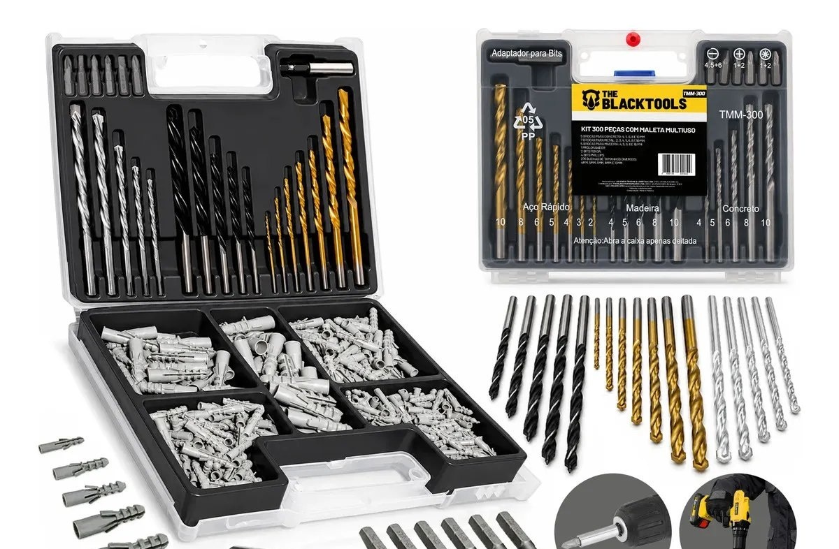 Kit Jogo De Ferramentas Multiuso 300 Peças Com Maleta Brocas Bits e Buchas