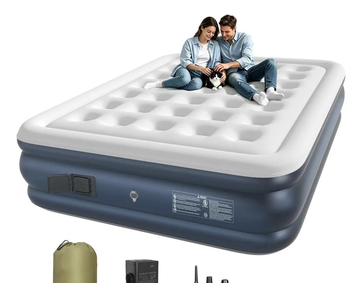Ecozendsy Colchão Inflável Casal Queen Size com Bomba Recarregável Embutida para Camping 200x154x43cm
