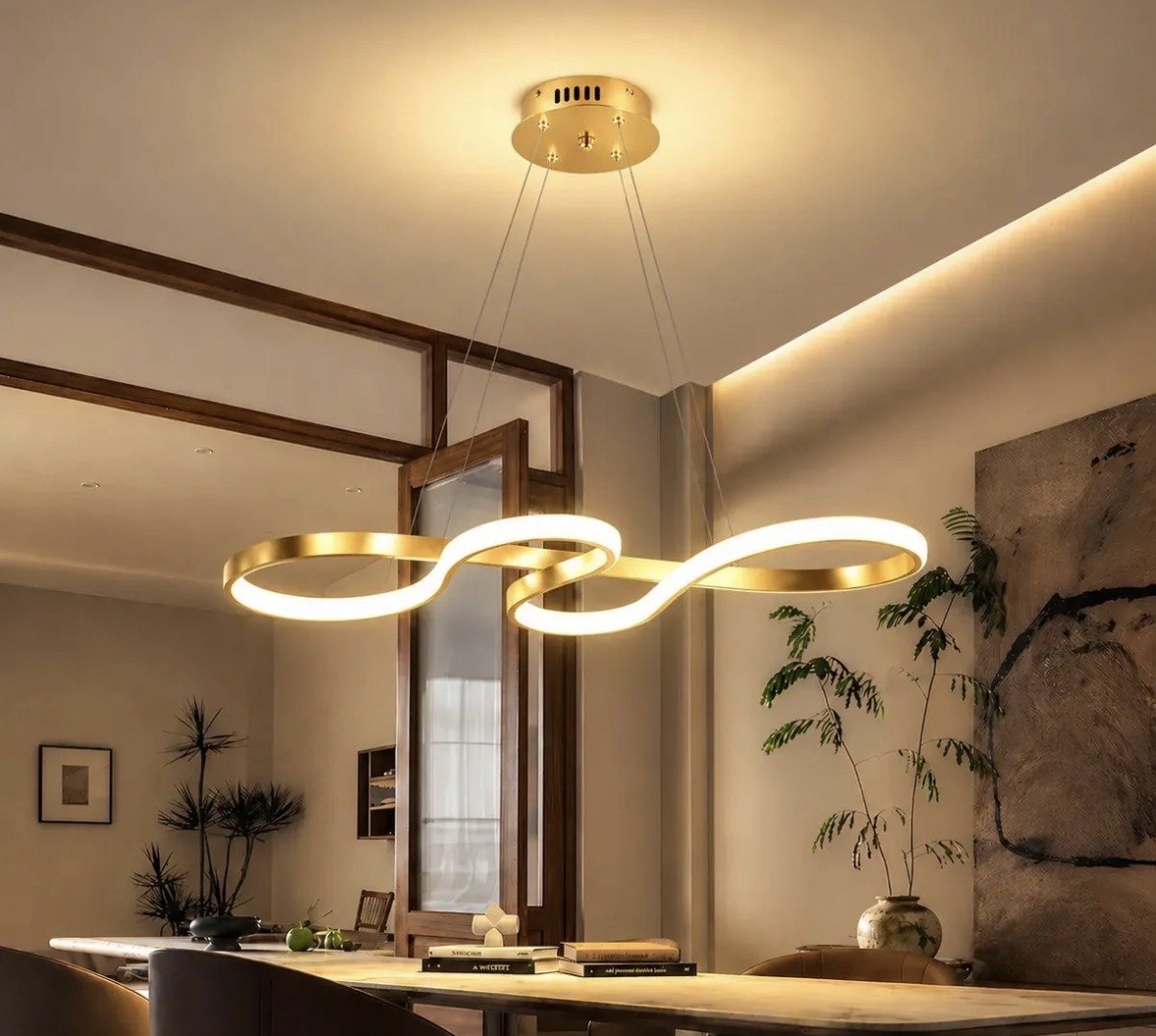 Lustre Pendente LED Moderno Dourado Ondulado, Luminaria LED Decorativa para Sala e Quarto, Design Sofisticado, Iluminação Elegante, Lustre Sala, Luminarias Modernas, Tieesa D001 Dourado