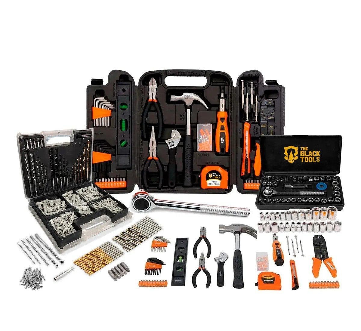 Kit Jogo De Ferramentas 129 Peças Com Jogo De 40 Soquetes Chaves E Kit 300 Peças Brocas E Buchas The Black Tools