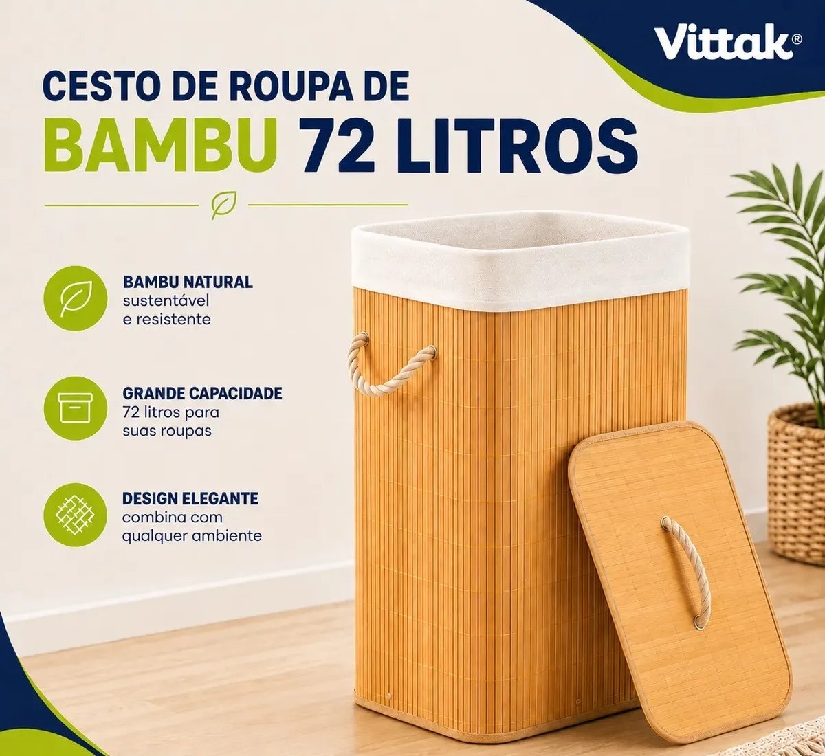 Vittak Cesto De Roupa Bambu 72 Litros Dobrável Retangular