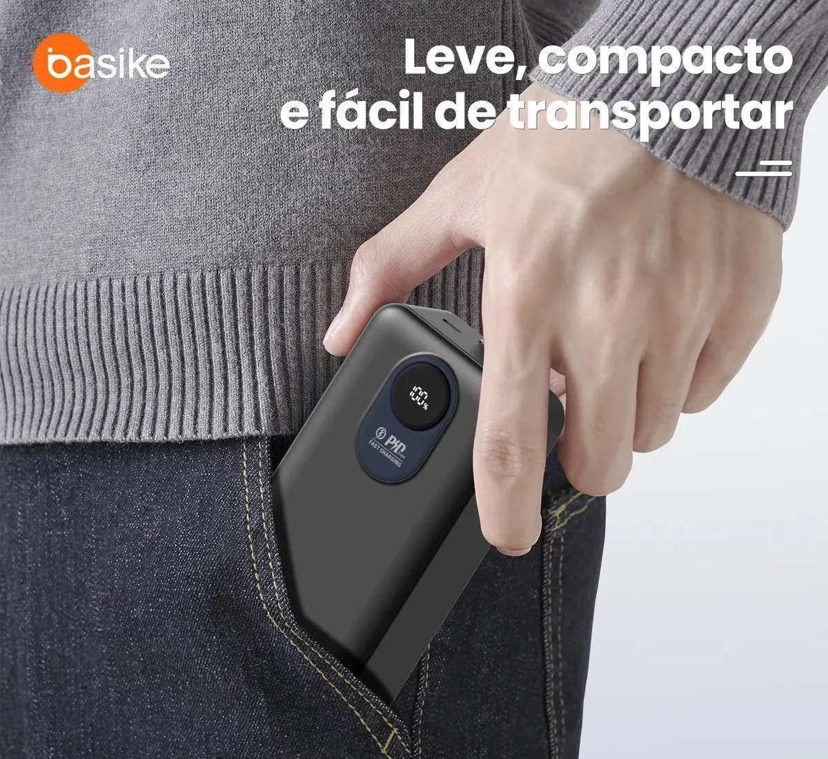 Power Bank Basike 30.000mAh Portátil, Carregamento Rápido 22.5W, com Cabos Embutidos e Display LED para iPhone e Samsung