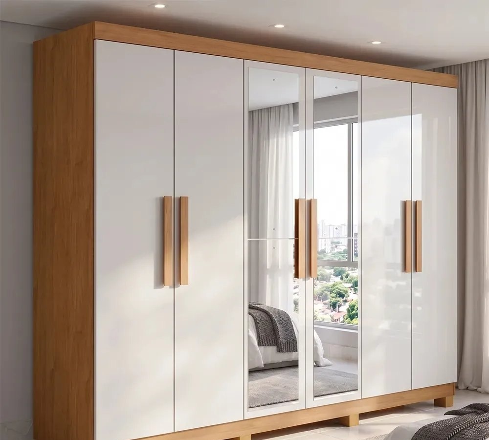 Guarda Roupa Casal 6 Portas Easy Slim Com Espelho E Pés AmêndoaOff white