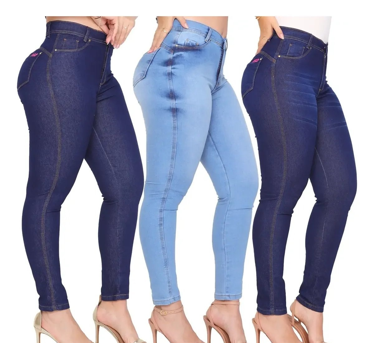 Kit 3 Calça Jeans Feminina Com Elastano Cintura Alta