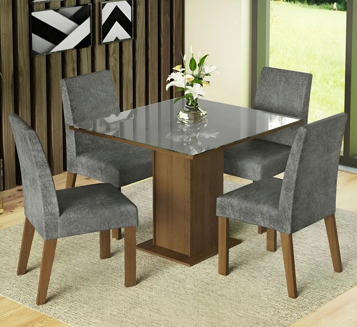 Sala Jantar Estofada Mesa Tampo Vidro 4 Cadeiras Madesa Anne Rcs Cor RusticCinzaSilver