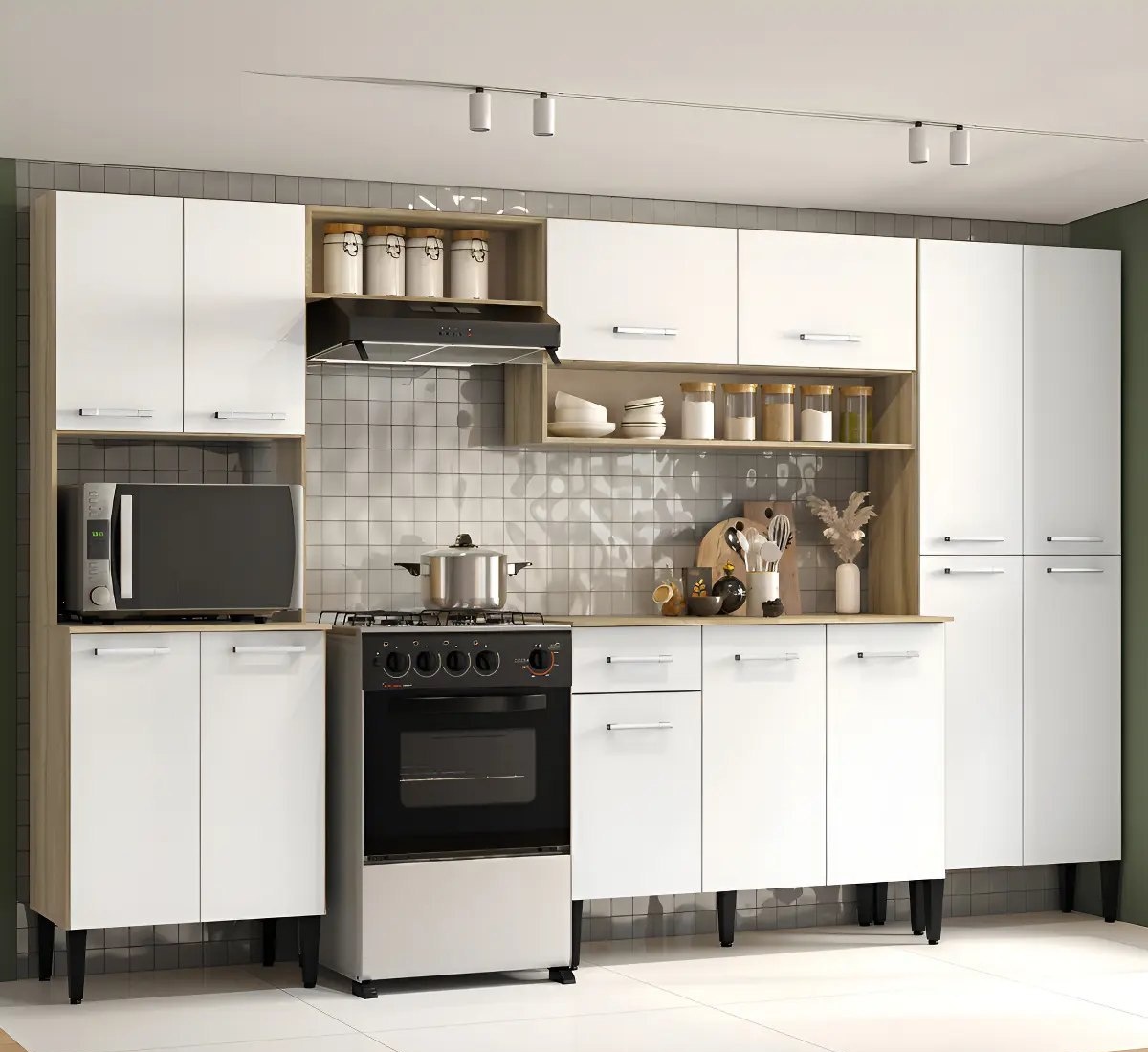 Cozinha Completa Arizona Plus Com Armário E Balcão Carraro Cor CarvalhoBranco