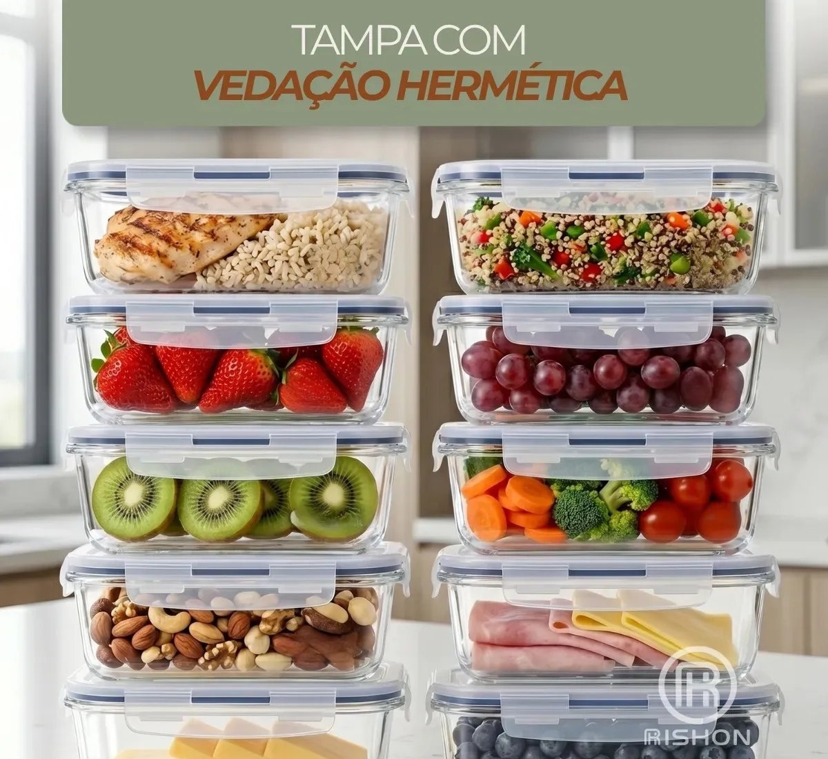 Kit 10 Pote De Vidro Marmita Hermético 370ml Freezer Fitness Rishon