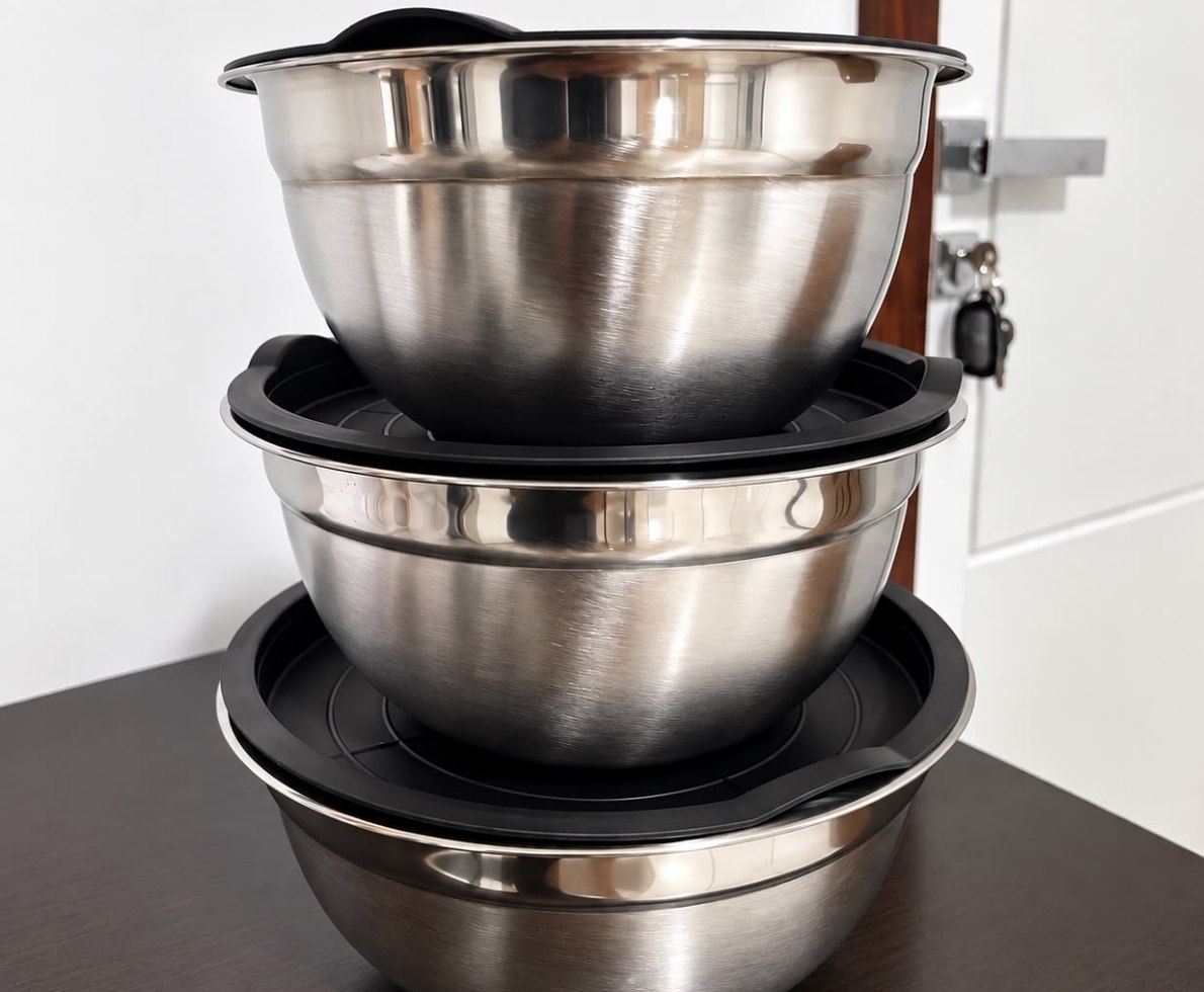 Kit 3 Bowls Inox Com Tampa Hermética 22cm, 20cm e 18cm