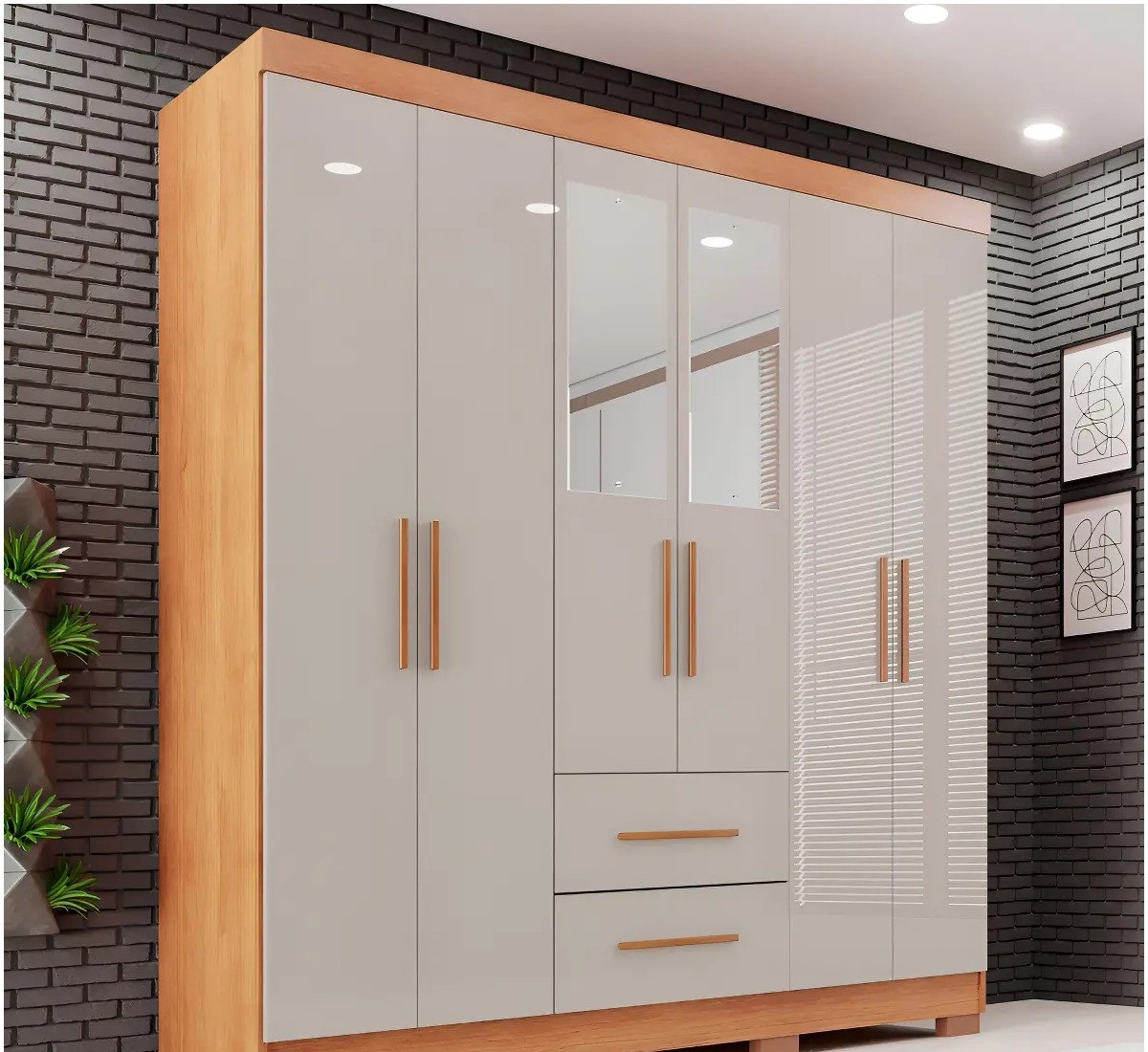 Guarda-roupa Casal com Espelho 6 Portas 2 Gavetas Sallêto CinamomoOff White