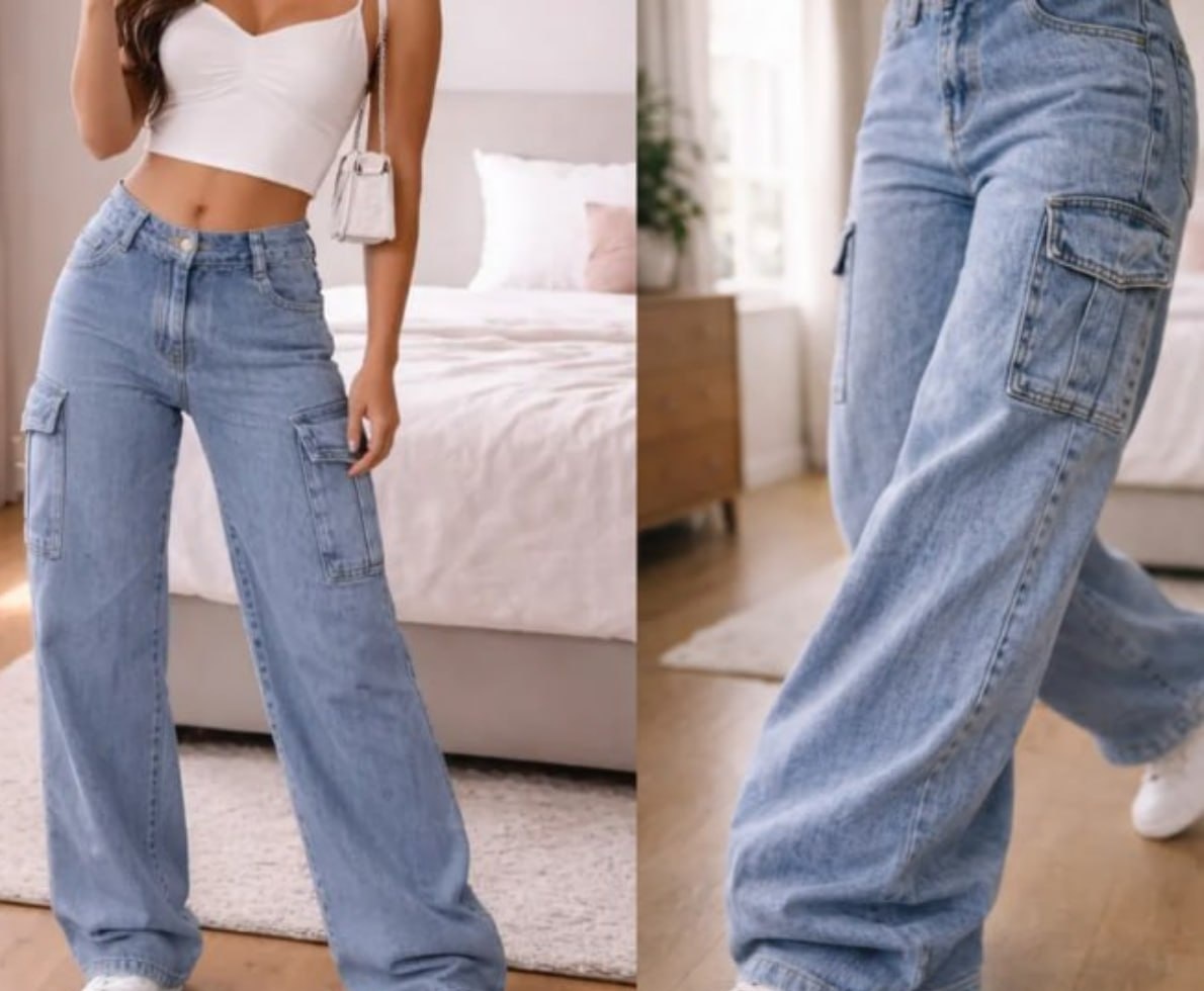 Calça Cargo Wide Leg Cintura Alta Jeans Stillger