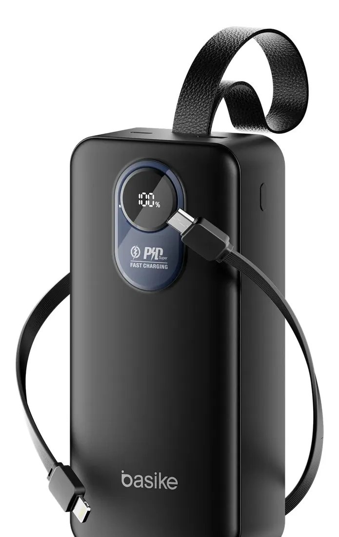 Power Bank Basike 30.000mAh Portátil, Carregamento Rápido 22.5W, com Cabos Embutidos e Display LED para iPhone e Samsung