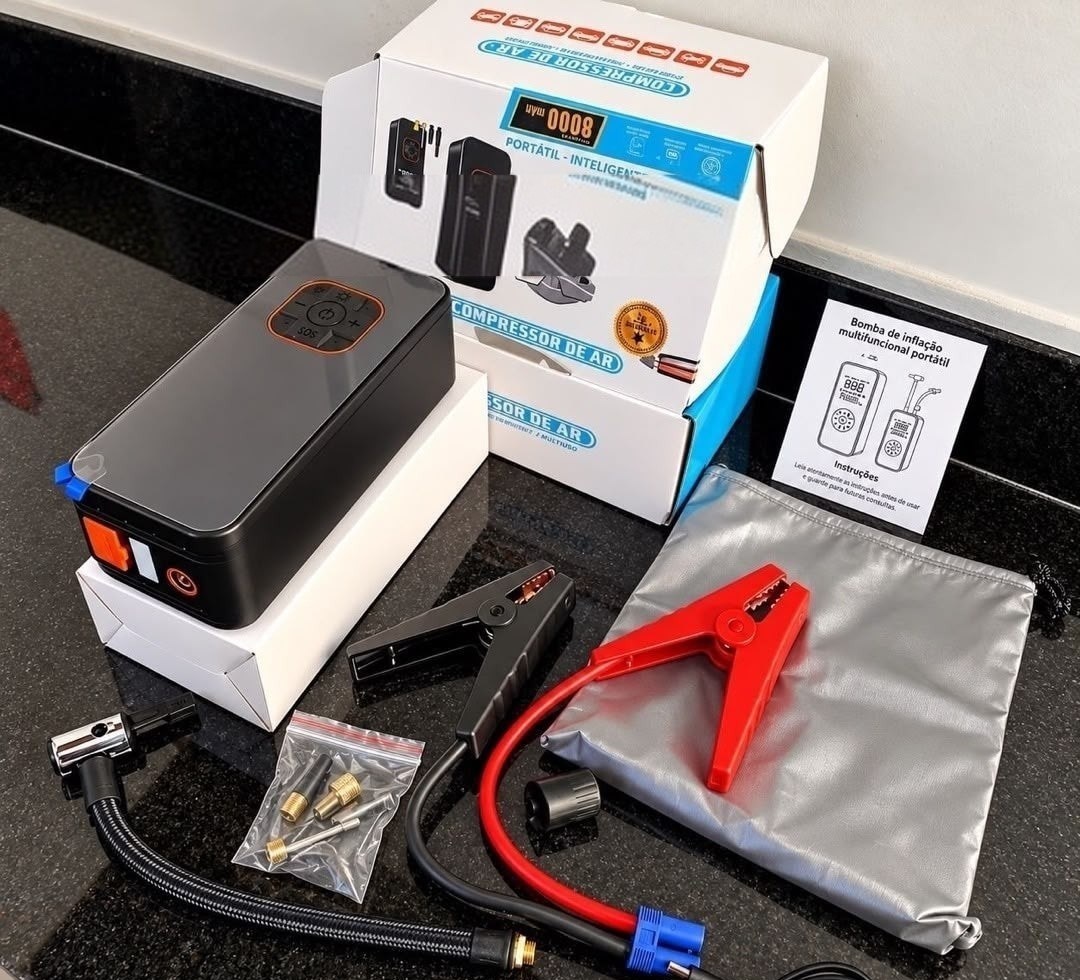 Compressor Elétrico Portátil Digital Auxiliar de Partida e Powerbank