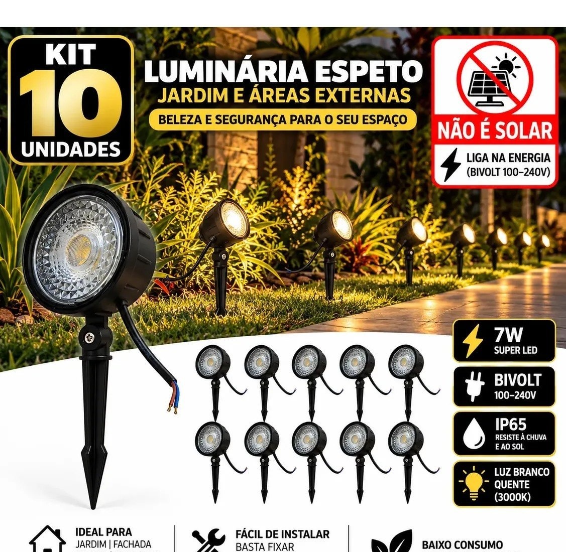 Kit 10 Luminária Espeto Jardim Super Led 7w Ip65 Prova Dágua