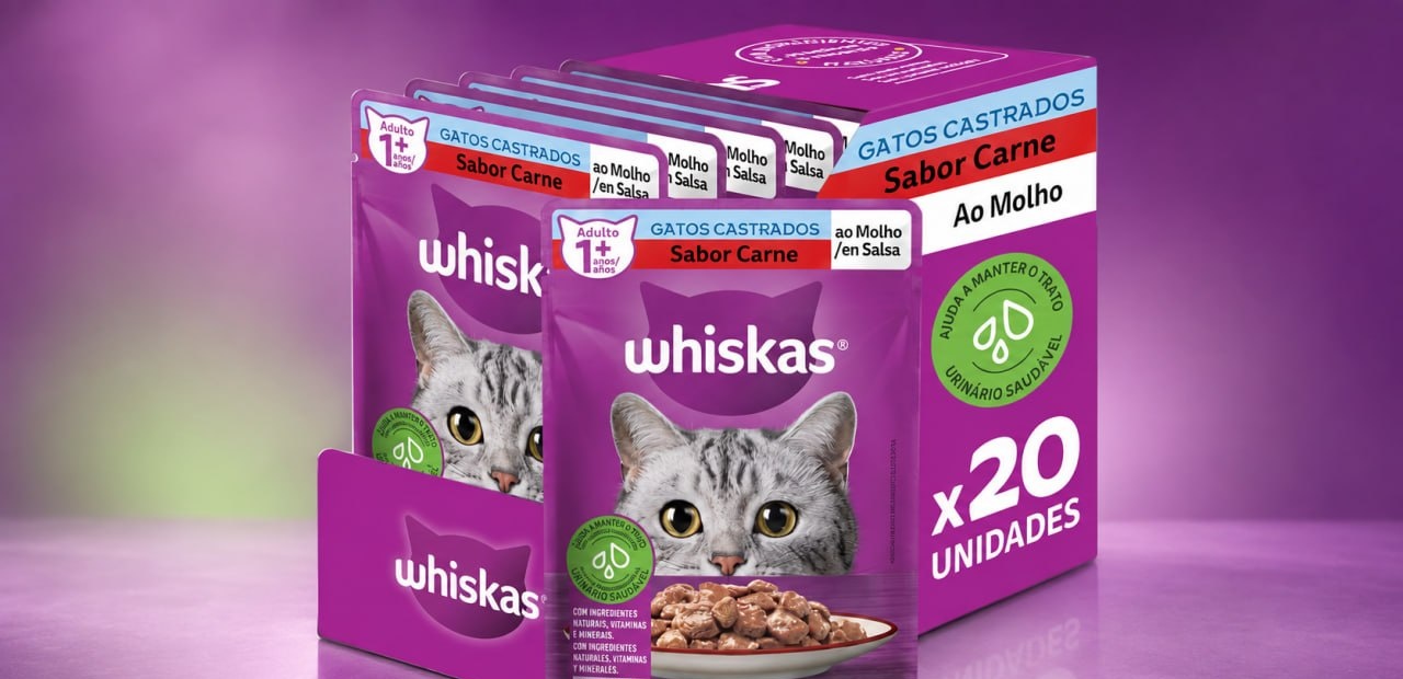 Pack 20 un. Ração Úmida Whiskas Sachê Carne ao Molho para Gatos Adultos Castrados 85g