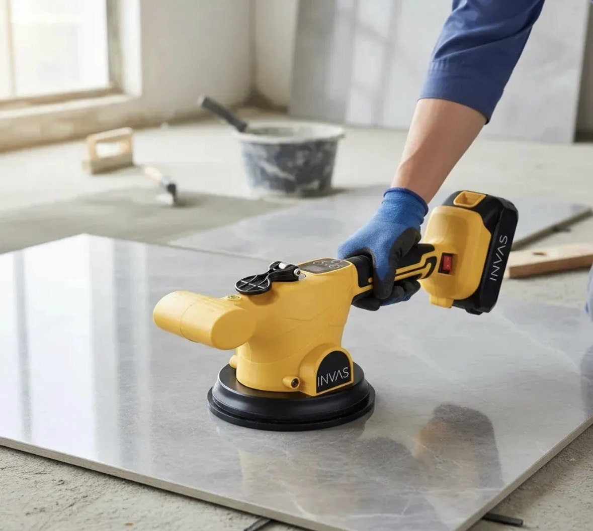 Maquina De Assentar Piso Porcelanato Vibradora Profissional 2 Baterias 21v Portátil 150kg Sucção, 9 Velocidades Max 11000 Bpm, Nível Embutido  Tela Carga Cerâmica Indue Variedades