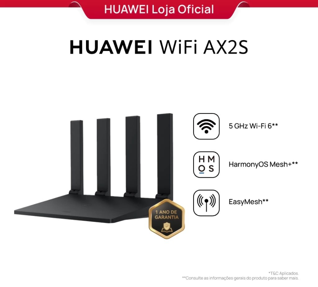 Roteador Huawei WiFi Ax2s Ws7000 V2 Dual Band 4 Antenas 5 GHz Wi-Fi 6