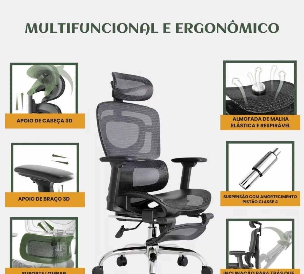 Cadeira de Escritório Ergonômica BT07 e WT07 Suporta até 200kg Azul