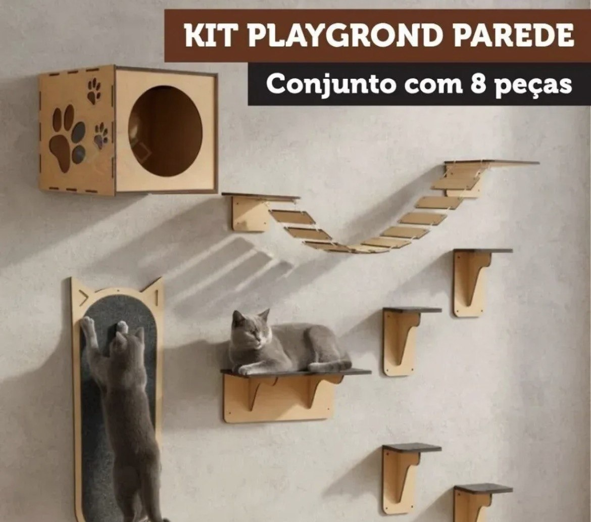 Arranhador Parede Gato Mdf Playground Kit Nicho Ponte Degrau