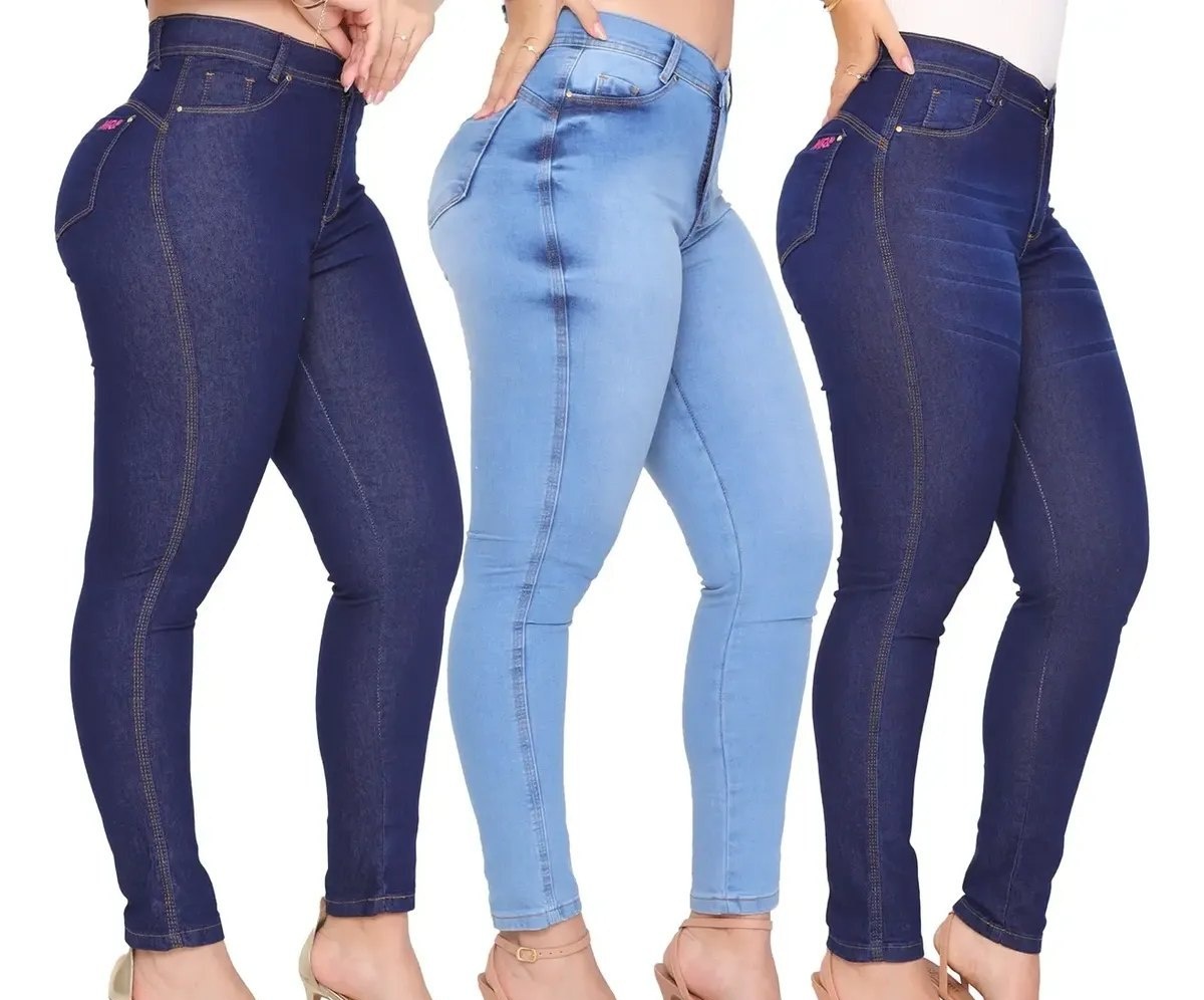 Kit 3 Calças Jeans Feminina Cintura Alta C Elastano Lycra