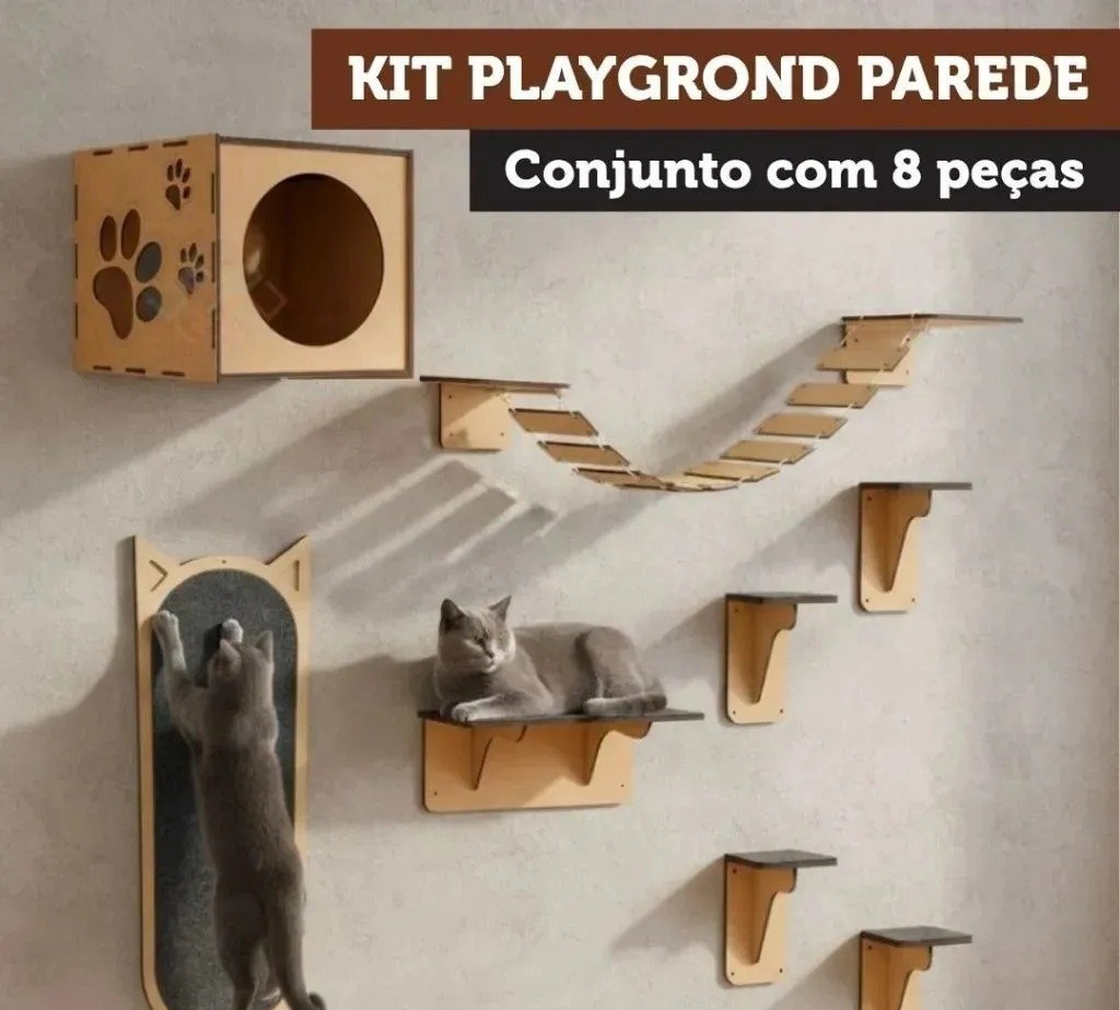Arranhador Parede Gato Mdf Playground Kit Nicho Ponte Degrau