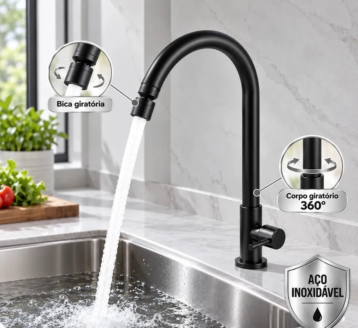 Torneira para Cozinha Inox Preta Fosca de Bancada Água Fria Bica Alta