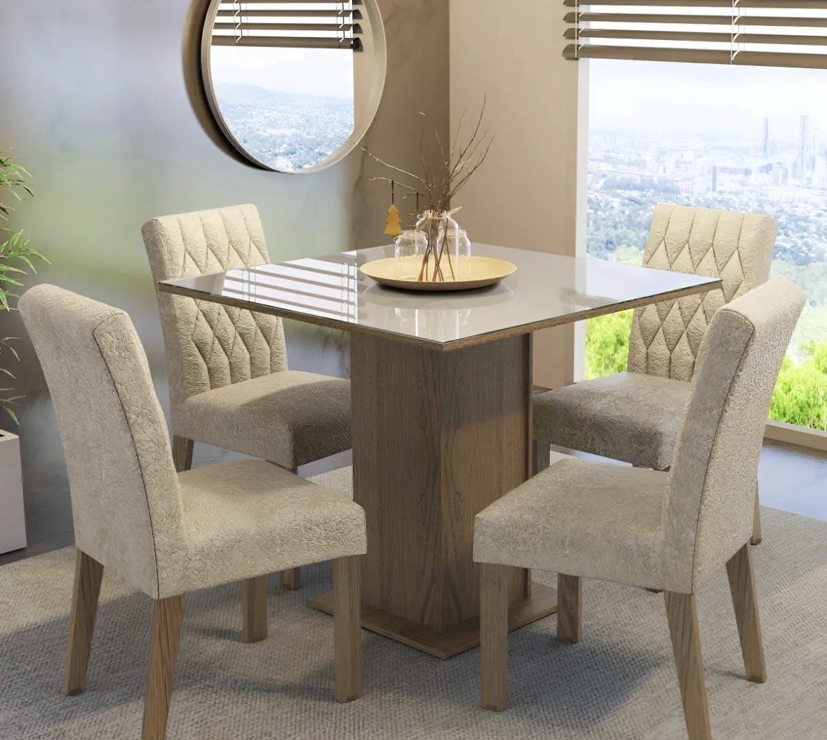 Sala De Jantar Mesa Tampo De Vidro 4 Cadeiras Tifani