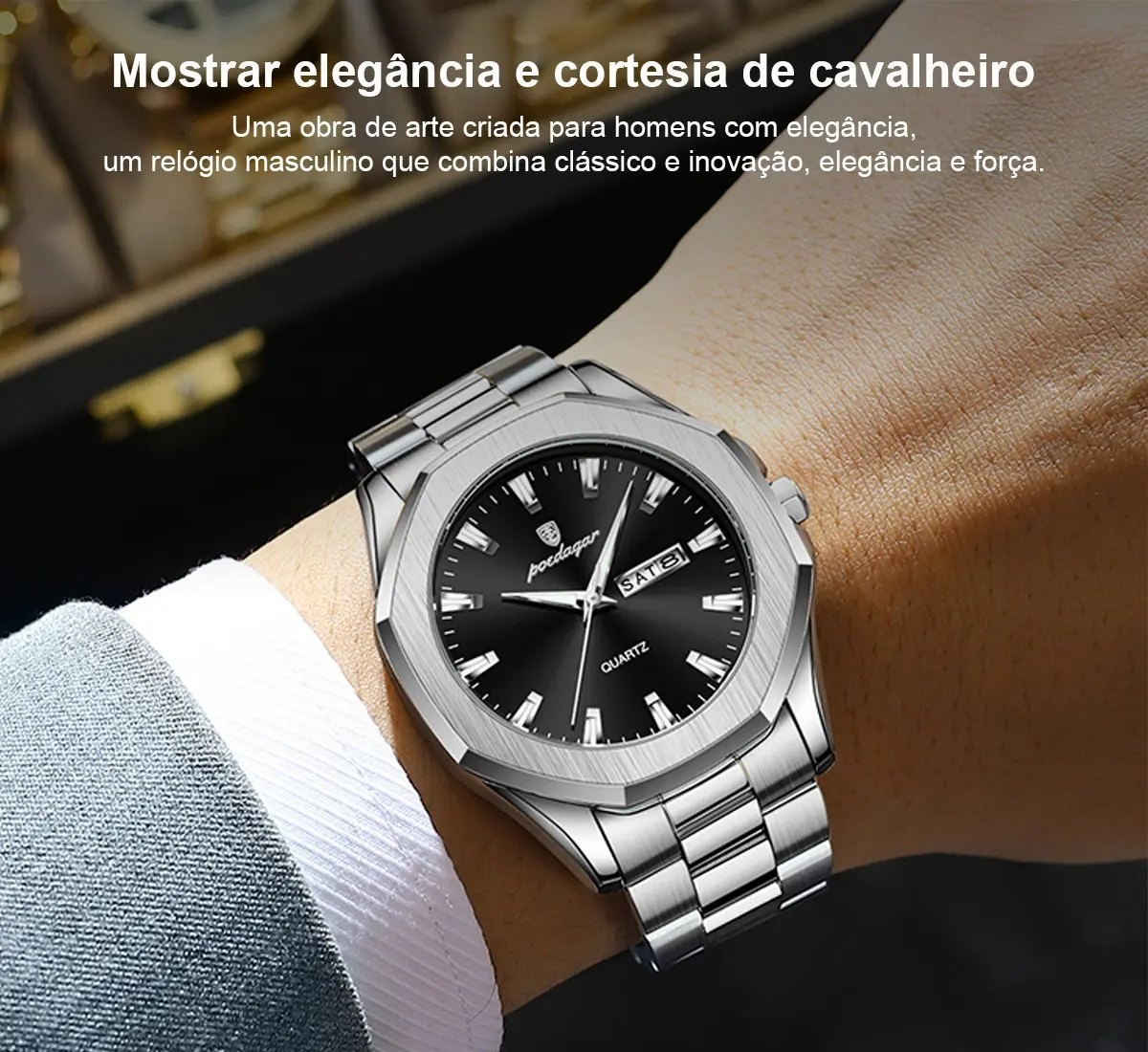 Relógio Poedagar Masculino Aço Inox Prata Ajustável Com caixa