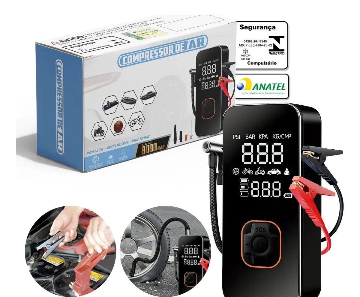 Compressor de ar Portátil Bateria Conector Veicular Bivolt 150 Psi