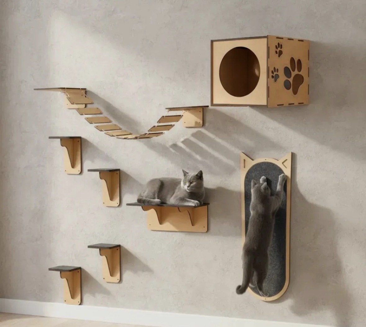 Arranhador Parede Gato Mdf Playground Kit Nicho Ponte Degrau