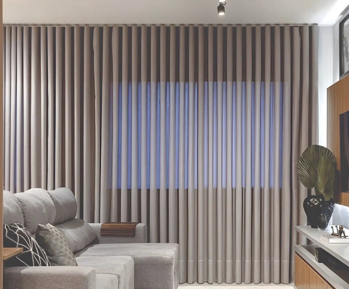 Cortina Gaze De Linho 6m X 2.40m Bege Wave Trilho Suisso Bege 2.40