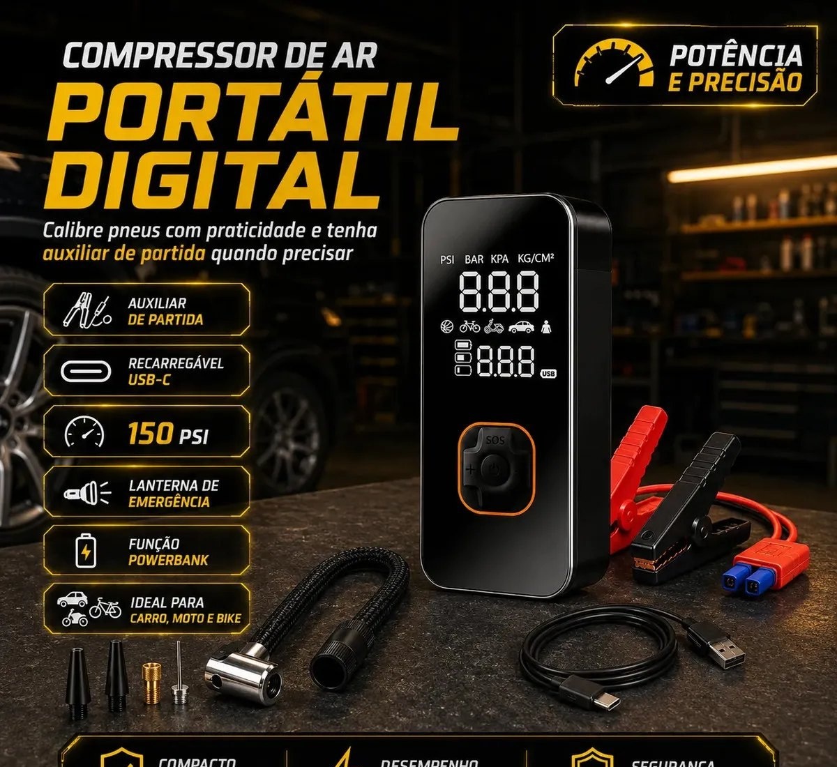 Compressor de ar Portátil Bateria Conector Veicular Bivolt 150 Psi