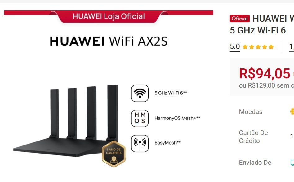 Roteador Huawei WiFi AX2S WS7000 V2 Dual Band 4 Antenas 5 GHz Wi-Fi 6
