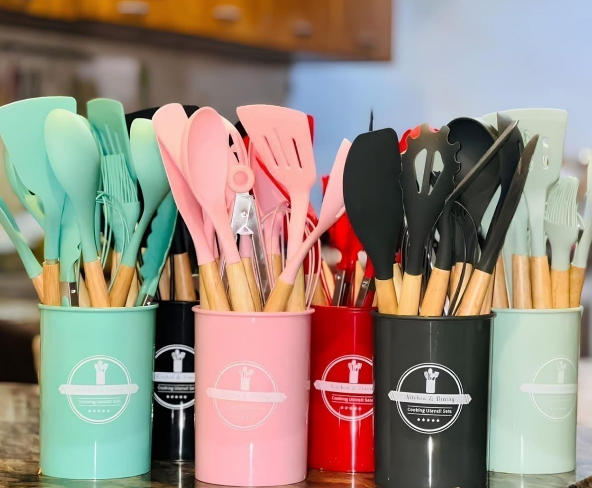 Kit 12 Utensílios de Cozinha Silicone Cabo Madeira