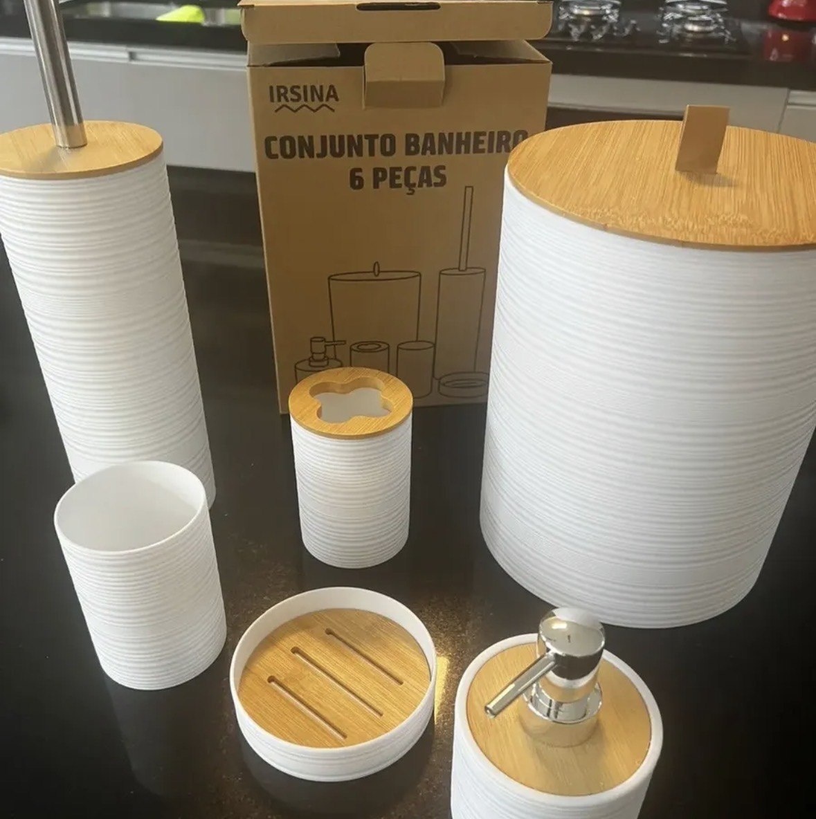 Kit Banheiro Completo Acessórios De Bambu Moderno Lixeira