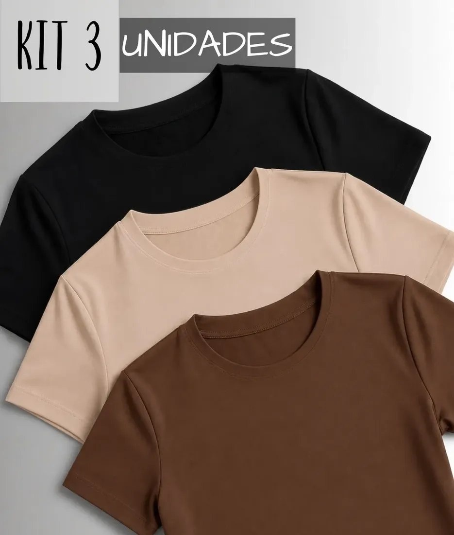 Kit 3 Camisetas Manga Curta Blusas Femininas Baby Look Comfy